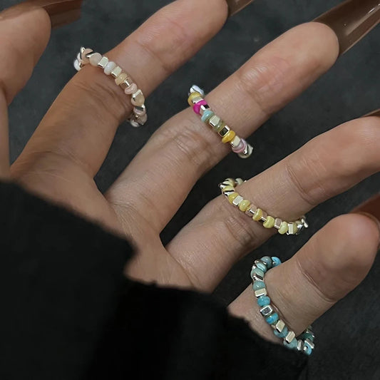 New Colorful Beaded Ring for Women Girls Sweet Personality Irregular Multi Beaded Rice Beads Geometry Metal Rings Jewelry Gifts