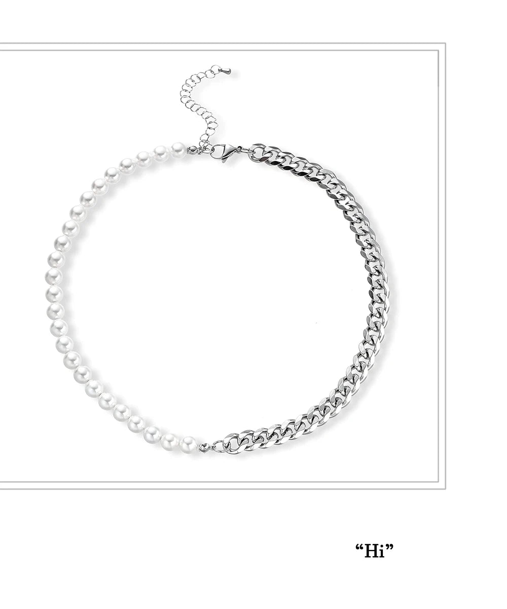 Pearl Necklace for Men-Half Pearl Half Chain Necklaces Cuban Link Chains for Men Stainless Steel Jewelry