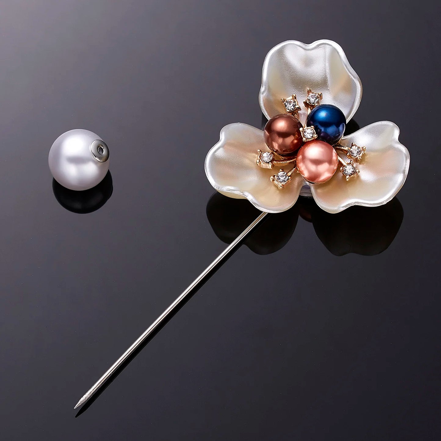 Rinhoo Imitation Pearl Shell Camellia Flower Brooch For Women White Floral Petal Bouquet Long Needle Shirt Collar Lapel Pin Gift