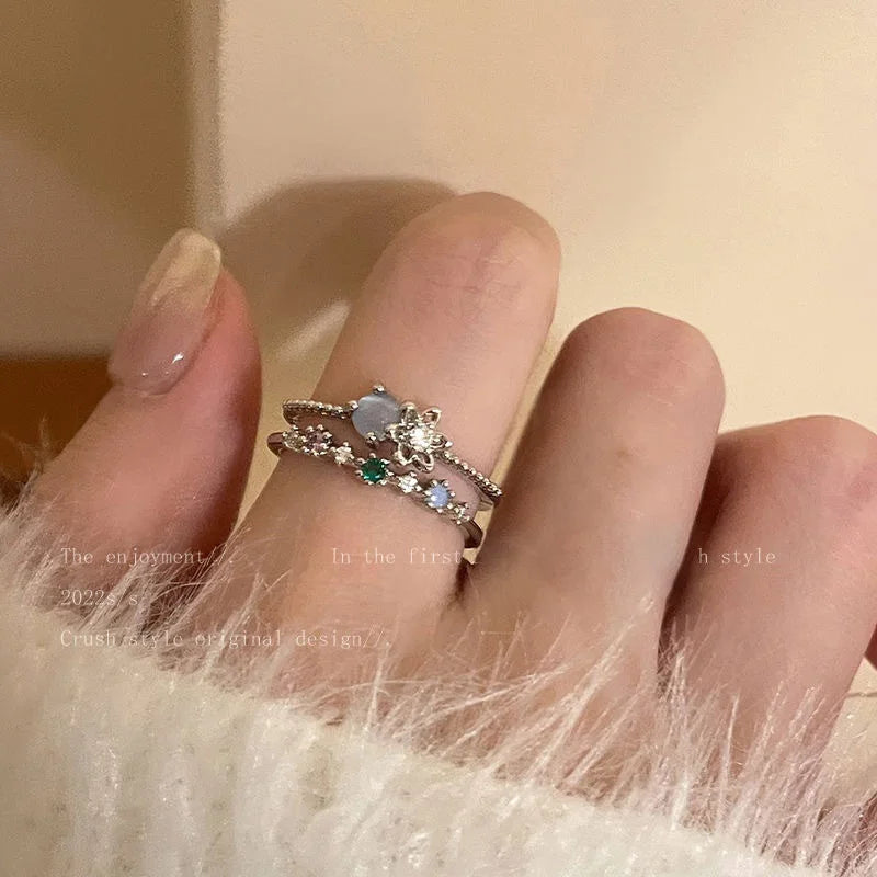 New Y2K Crystal Rings Kpop Heart Adjustable Ring Irregular Geometry Punk Vintage Rings Set for Women Girls 2024 Fashion Jewelry