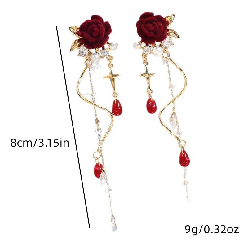 Luxury Crystal Velvet Rose Flower Tassel Earrings for Women Temperament Long Hanging Earring Girls Bridal Party Wedding Jewelry