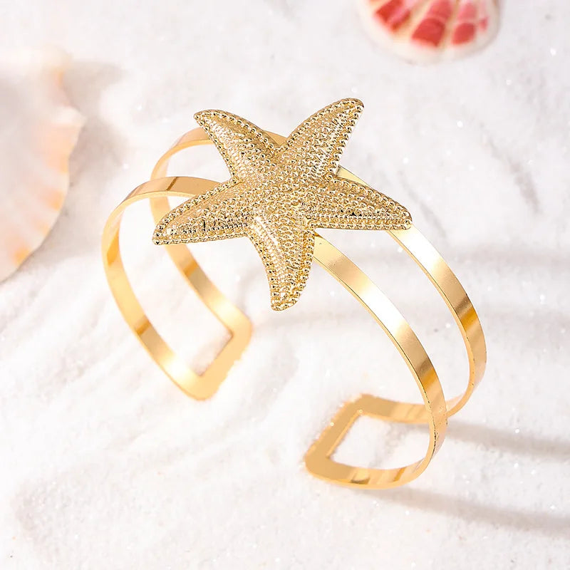 Bohemian Metal Starfish Open Arm Bracelet for Women String Leaf Wave Flower Ins Style Cuff Arm Bangle Beach Party Jewelry Gift