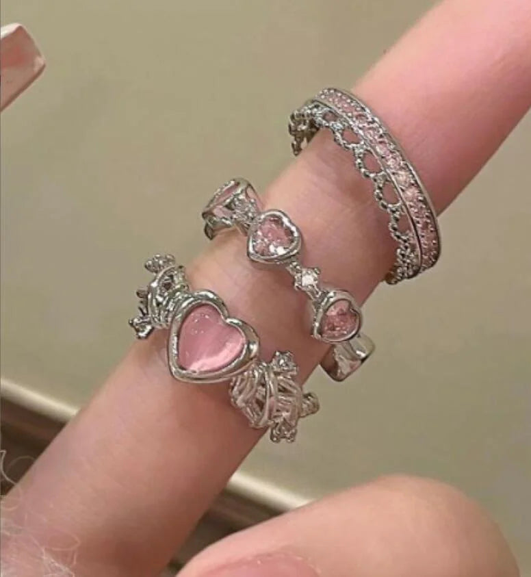 New Y2K Crystal Rings Kpop Heart Adjustable Ring Irregular Geometry Punk Vintage Rings Set for Women Girls 2024 Fashion Jewelry