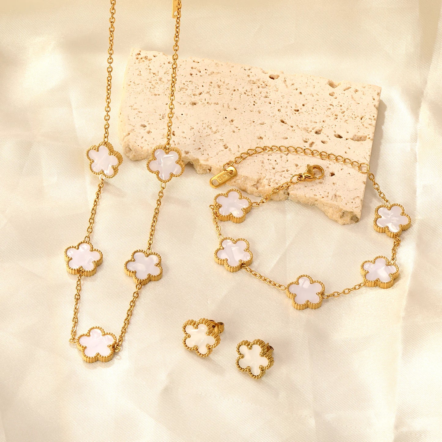 LUXUSTEEL Pendant Earnail Chain Bracelet Set Flower Shaped Stainless Steel Pendants Necklace Earring Sets Necklace Jewelry Gift