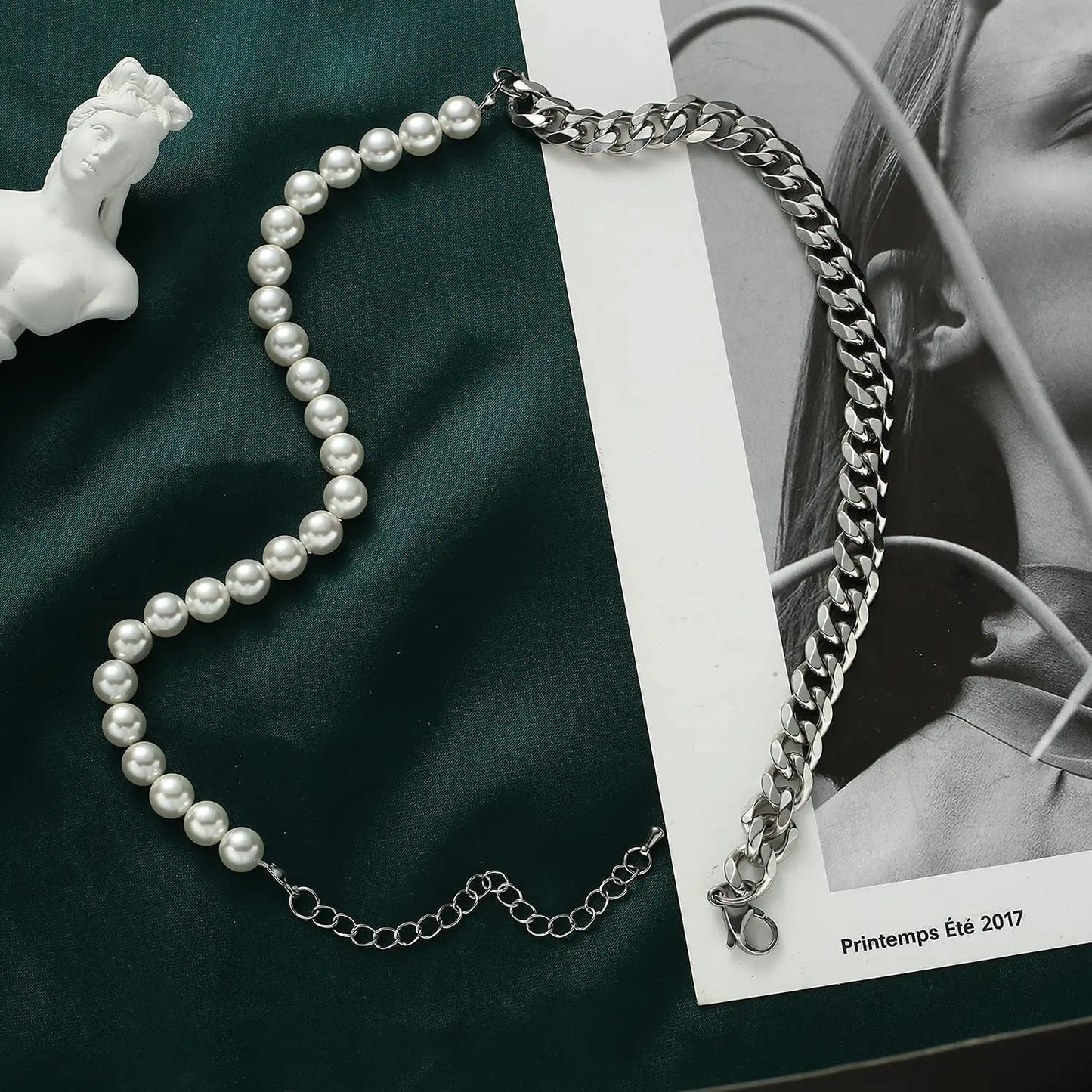 Pearl Necklace for Men-Half Pearl Half Chain Necklaces Cuban Link Chains for Men Stainless Steel Jewelry