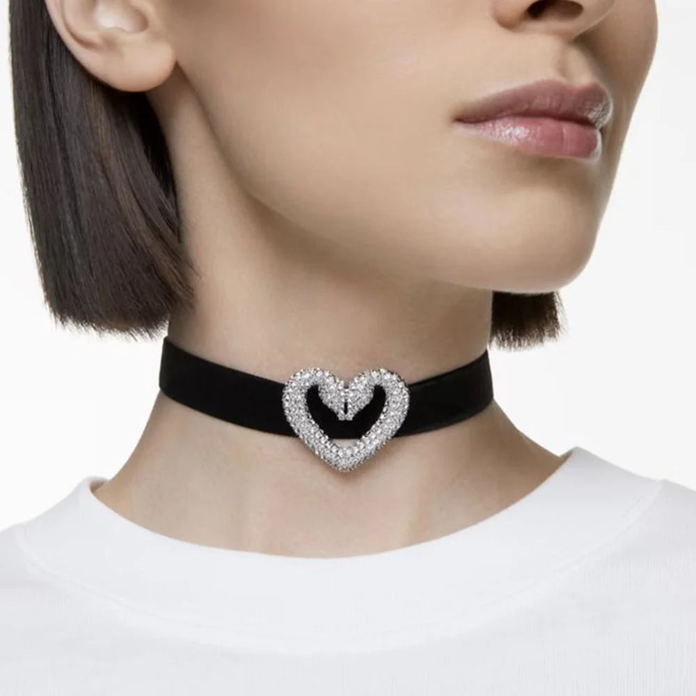 Fashion Y2k Heart Choker Necklace Elastic Rope for Girl Party Gift Romantic Valentine's Day Gift Rhinestone Collar Jewelry Women