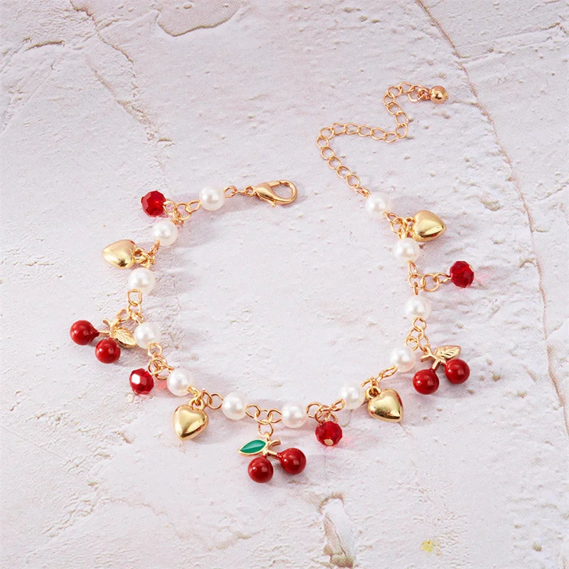Sweet Cute Red Strawberry Cherry Heart Pearl Charm Bracelet New Fashion Y2K Fruit Gold Color Chain Jewelry Party Gifts 2025