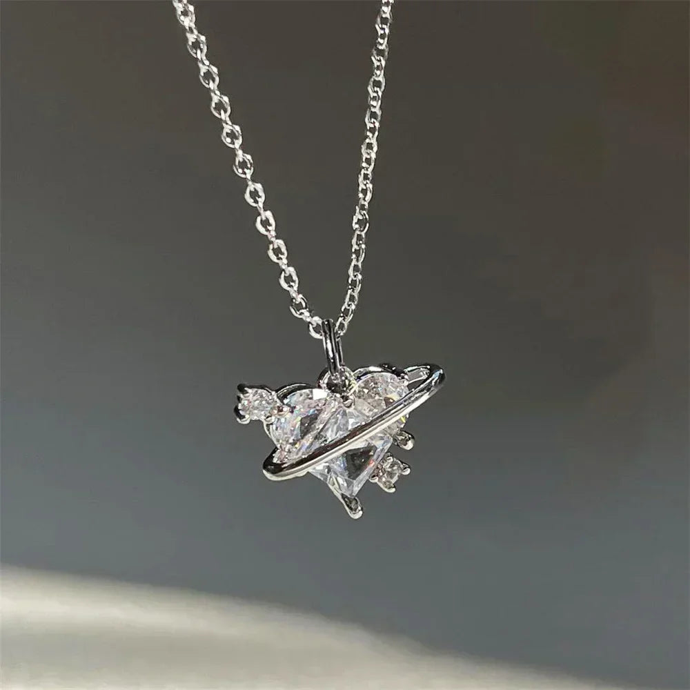 Y2k Heart Star Pendant Necklace Women's Fashion Cool Silver Color Chain Necklace Rhinestone Clavicle Chain Daily Jewlery Gifts