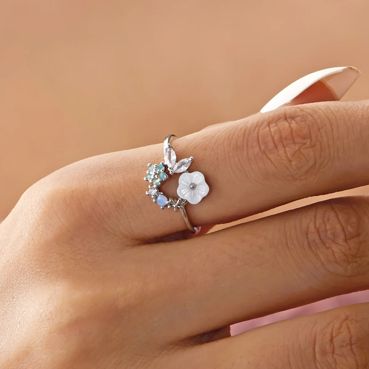 Korean CZ Sweet Crystal Zircon Heart Ring For Women Exquisite Shell Flower Opening Finger Rings Girls Princess Wedding Jewelry