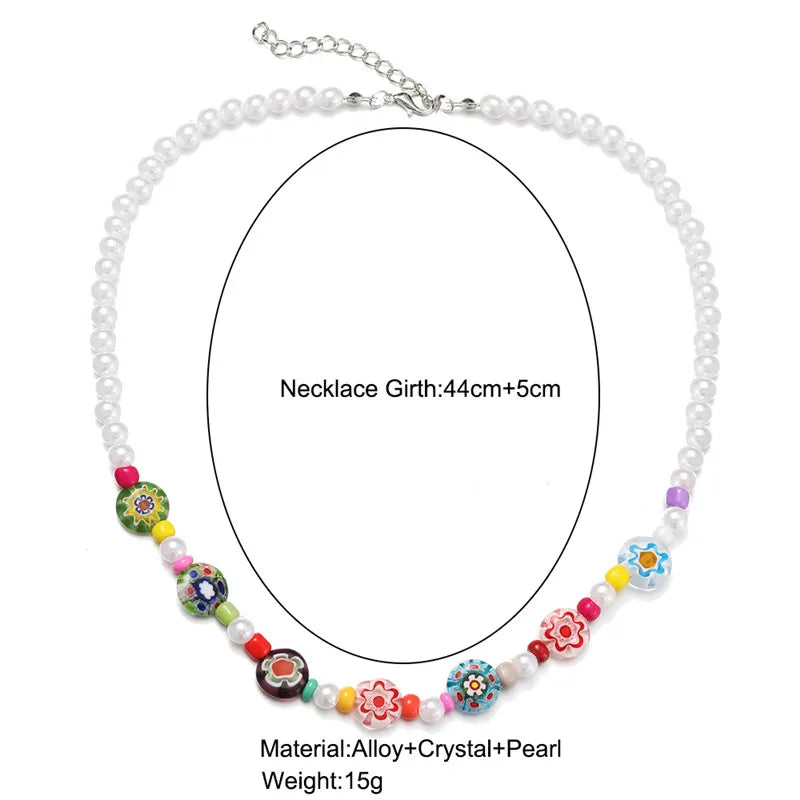 Y2K Flowers Charms Pearl Choker Necklace For Women Boho Colorful Beaded Clavicle Chain Short Necklaces Jewelry Gift 2024