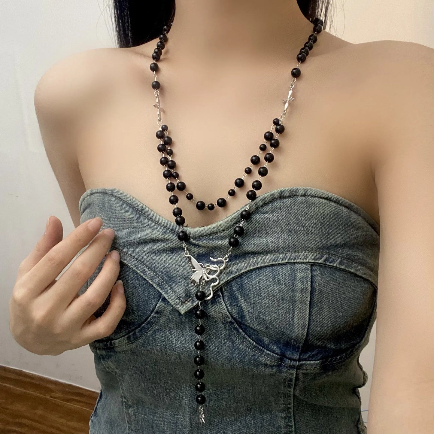 Vintage Fashion Double-layer Flower Necklace Long Stackable Sweater Chain Y2K Style Beaded Geometric Necklace