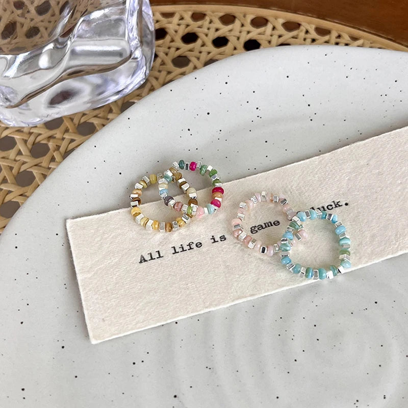 New Colorful Beaded Ring for Women Girls Sweet Personality Irregular Multi Beaded Rice Beads Geometry Metal Rings Jewelry Gifts