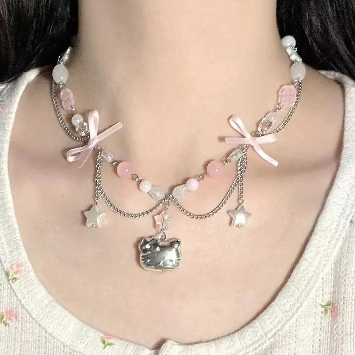 Sanrio Hello Kitty necklace anime kawaii bow bead star popular necklace Y2K women's elegant collarbone chain jewelry gift