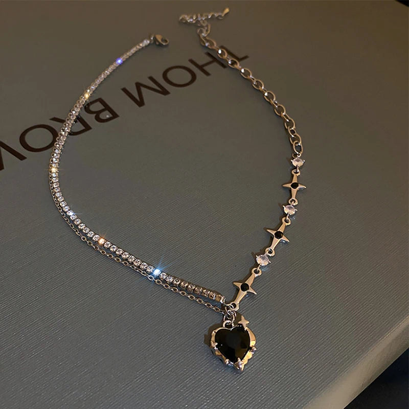 Y2k Heart Star Pendant Necklace Women's Fashion Cool Silver Color Chain Necklace Rhinestone Clavicle Chain Daily Jewlery Gifts