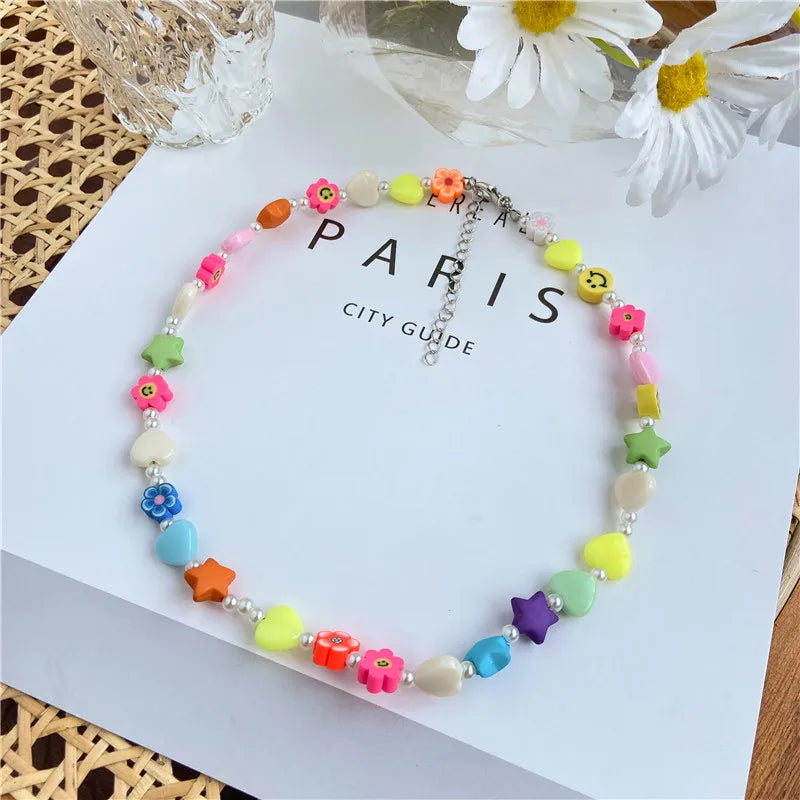 Y2K Flowers Charms Pearl Choker Necklace For Women Boho Colorful Beaded Clavicle Chain Short Necklaces Jewelry Gift 2024