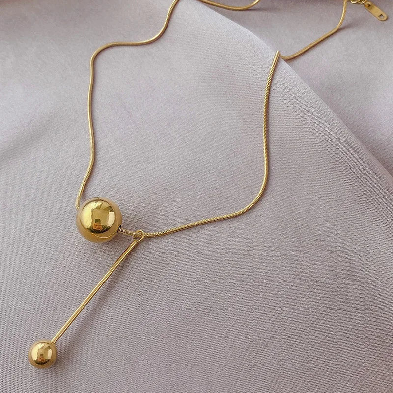 Classic Design Double Golden Round Bead Pendant Necklace Women's Fashion Titanium Steel Bead Choker Luxury Party Jewelry Gift