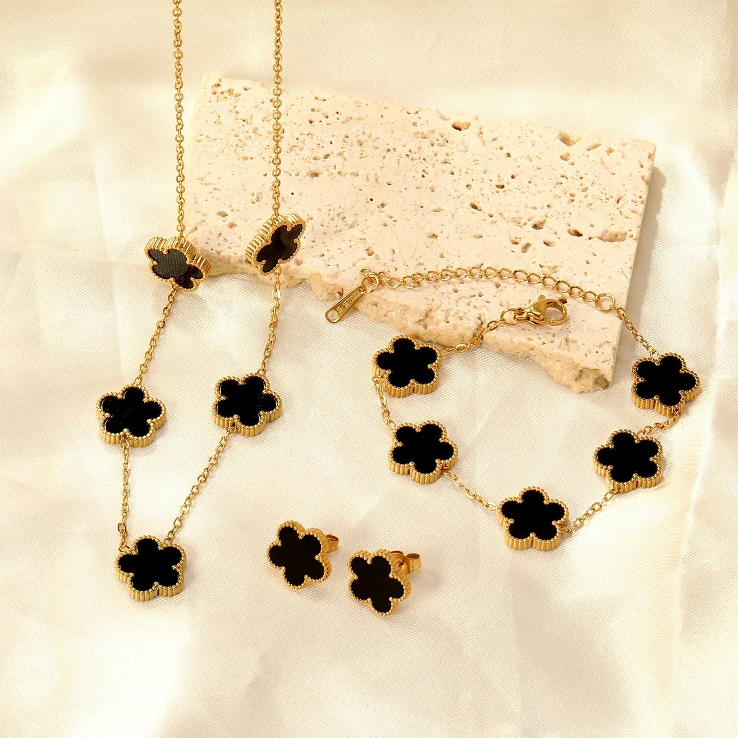 LUXUSTEEL Pendant Earnail Chain Bracelet Set Flower Shaped Stainless Steel Pendants Necklace Earring Sets Necklace Jewelry Gift