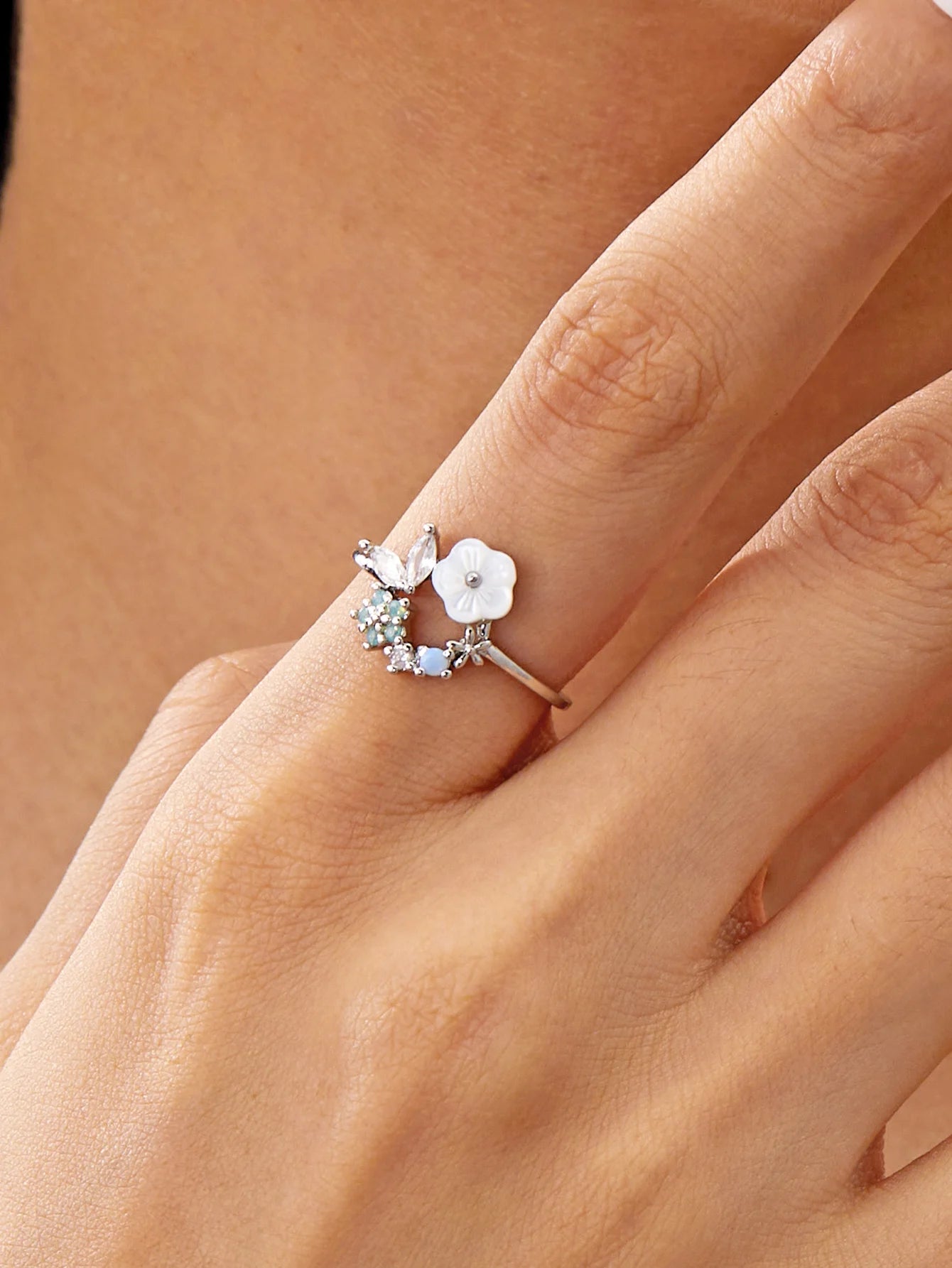 Korean CZ Sweet Crystal Zircon Heart Ring For Women Exquisite Shell Flower Opening Finger Rings Girls Princess Wedding Jewelry