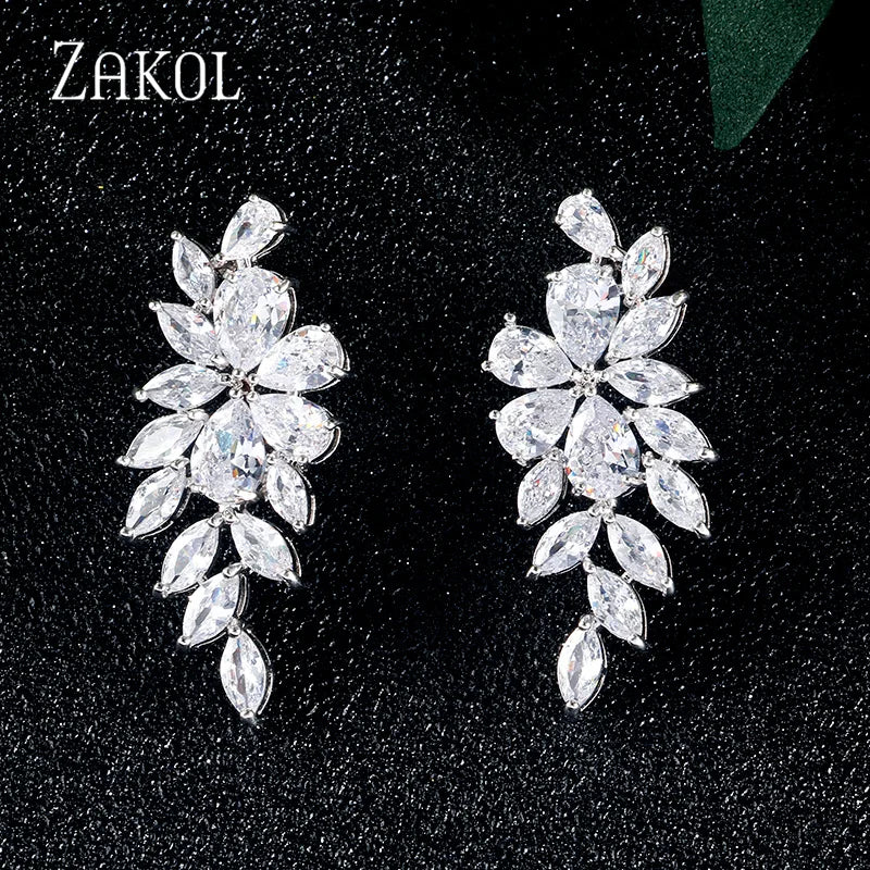 ZAKOL Fashion Leaf Zircon Wedding Earrings for Women White Gold Color Marquise Crystal Bridal Earring Party Jewelry Gift