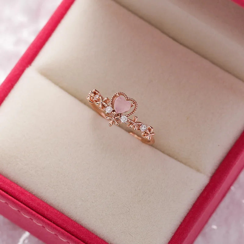 Korean CZ Sweet Crystal Zircon Heart Ring For Women Exquisite Shell Flower Opening Finger Rings Girls Princess Wedding Jewelry