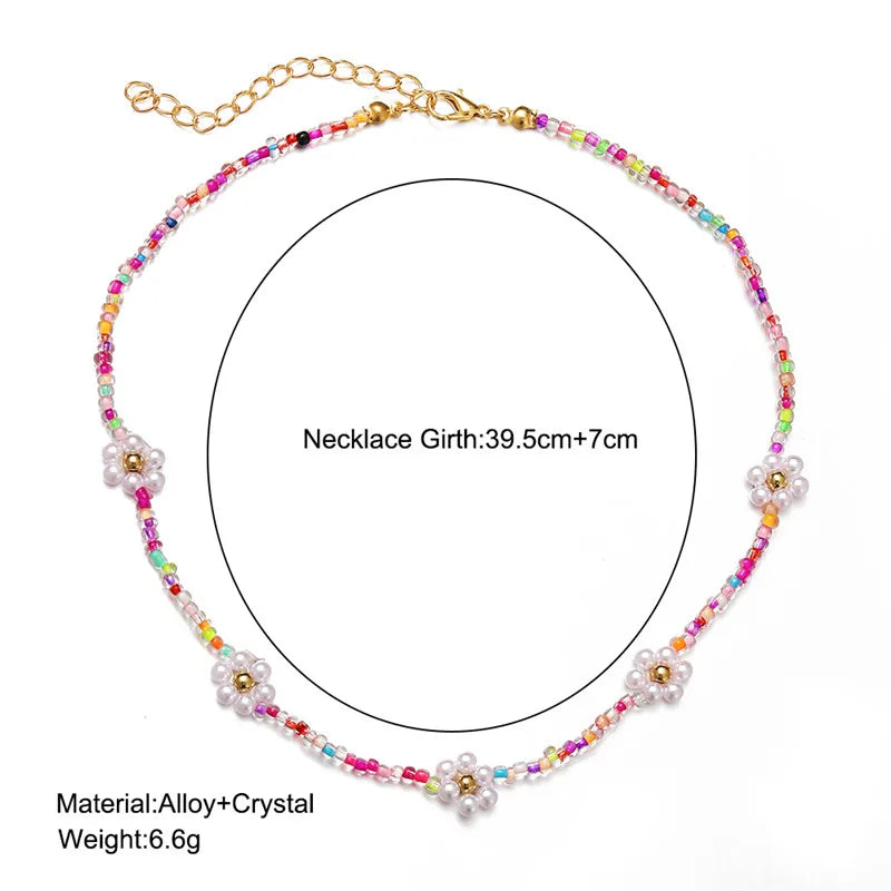 Y2K Flowers Charms Pearl Choker Necklace For Women Boho Colorful Beaded Clavicle Chain Short Necklaces Jewelry Gift 2024
