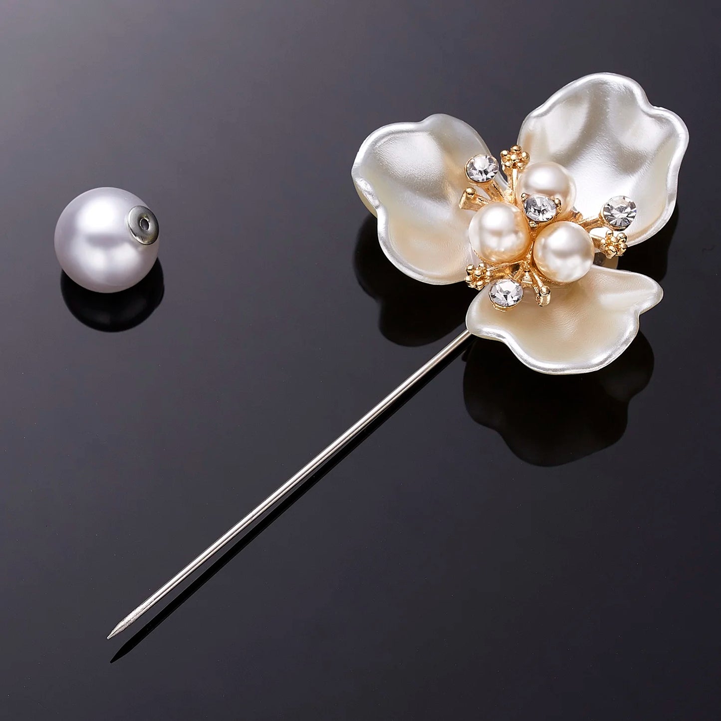 Rinhoo Imitation Pearl Shell Camellia Flower Brooch For Women White Floral Petal Bouquet Long Needle Shirt Collar Lapel Pin Gift