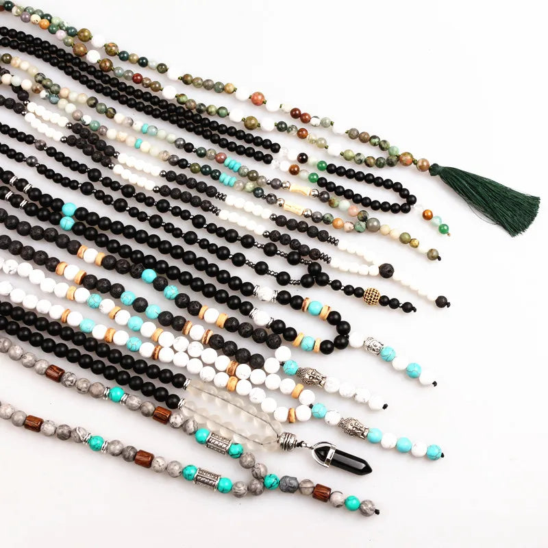 Natural Stone Beaded Necklace For Men Women Long Pendants Necklace Handmade Jewelry