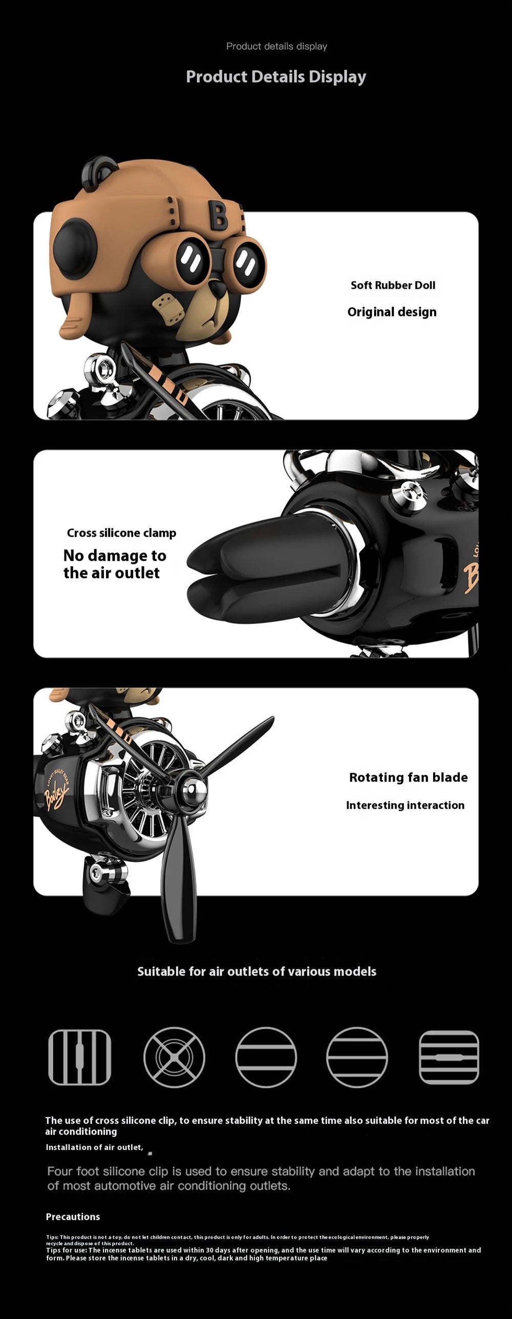 Car Aromatherapy Air Freshener Bear Pilot Rotating Propeller Aromatherapy Interior Perfume Diffuser Vent Fragrance Car Ornament