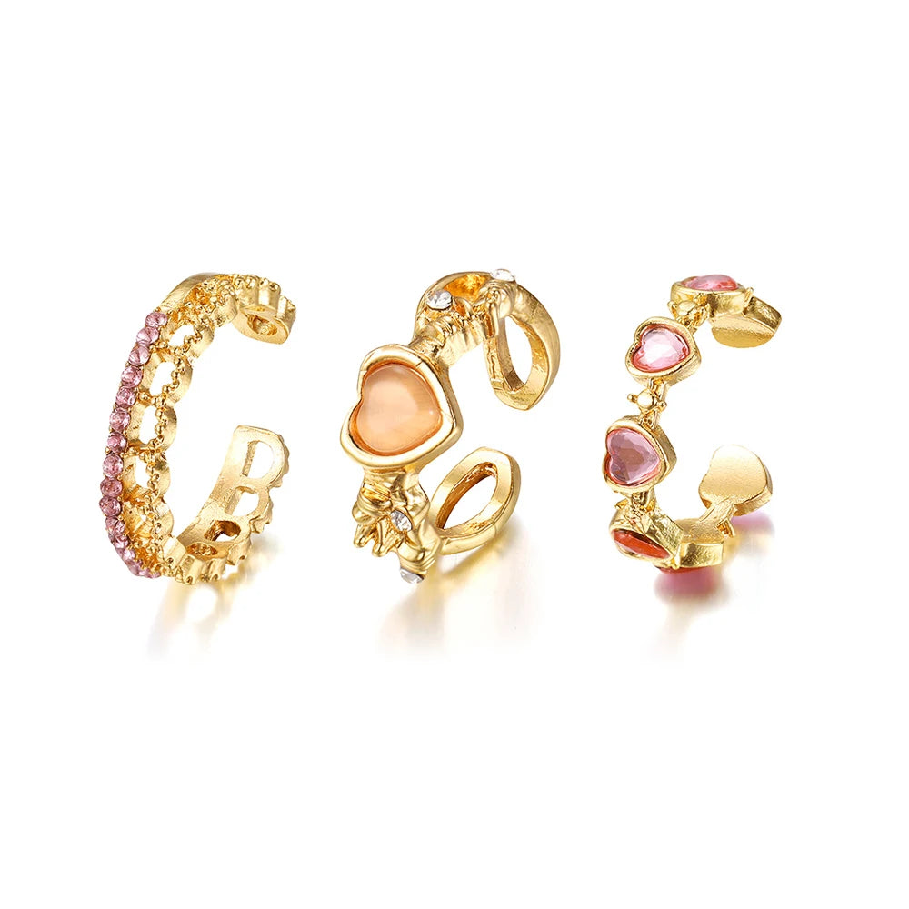 New Y2K Pink Crystal Irregular Heart Rings for Women Fashion Zircon Opening Finger Ring Sweet Girls Kpop Party Jewelry Gifts