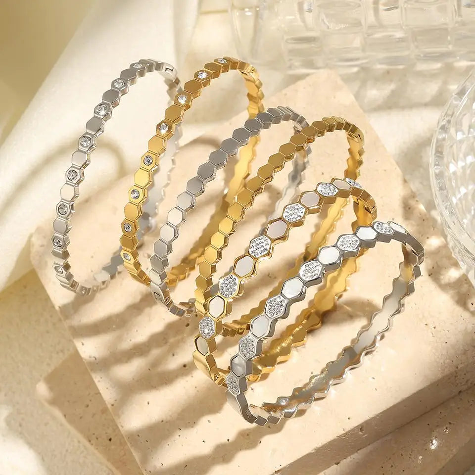 UILZ 316L Stainles Steel Open Hexagon Bracelet For Women High-quality Exquisite Zircon Inlay Simple Not Fading Bracelet Jewelry