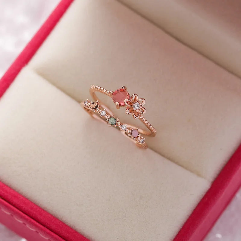 Korean CZ Sweet Crystal Zircon Heart Ring For Women Exquisite Shell Flower Opening Finger Rings Girls Princess Wedding Jewelry