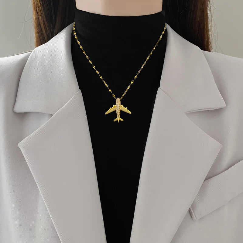 Charming Airplane Necklace with Micro-inlaid Zircon, Elevate Your Look with Glamor