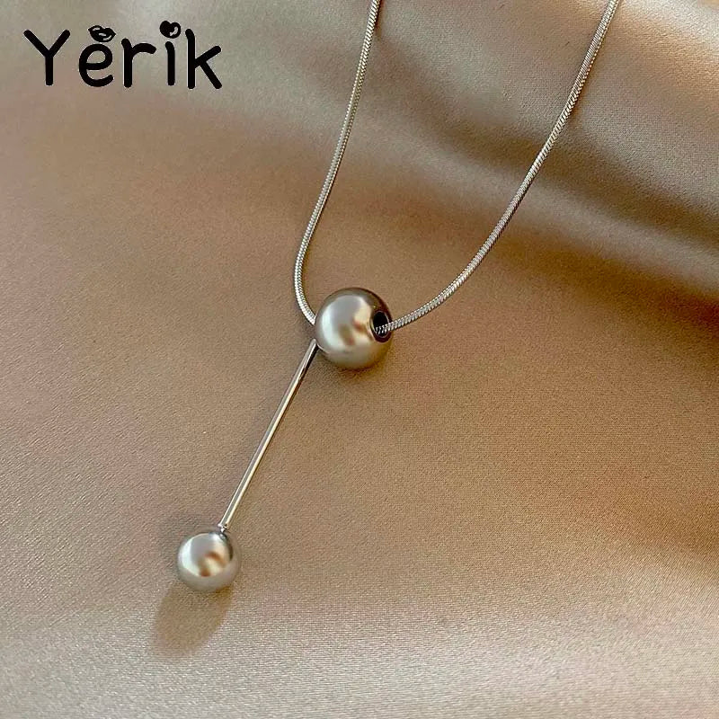 Yerik Fashion Simple Ball Pendant Necklace for Women Metal Beads Minimalist Personality Jewelry Snake Bone Chain Jewelry Gifts