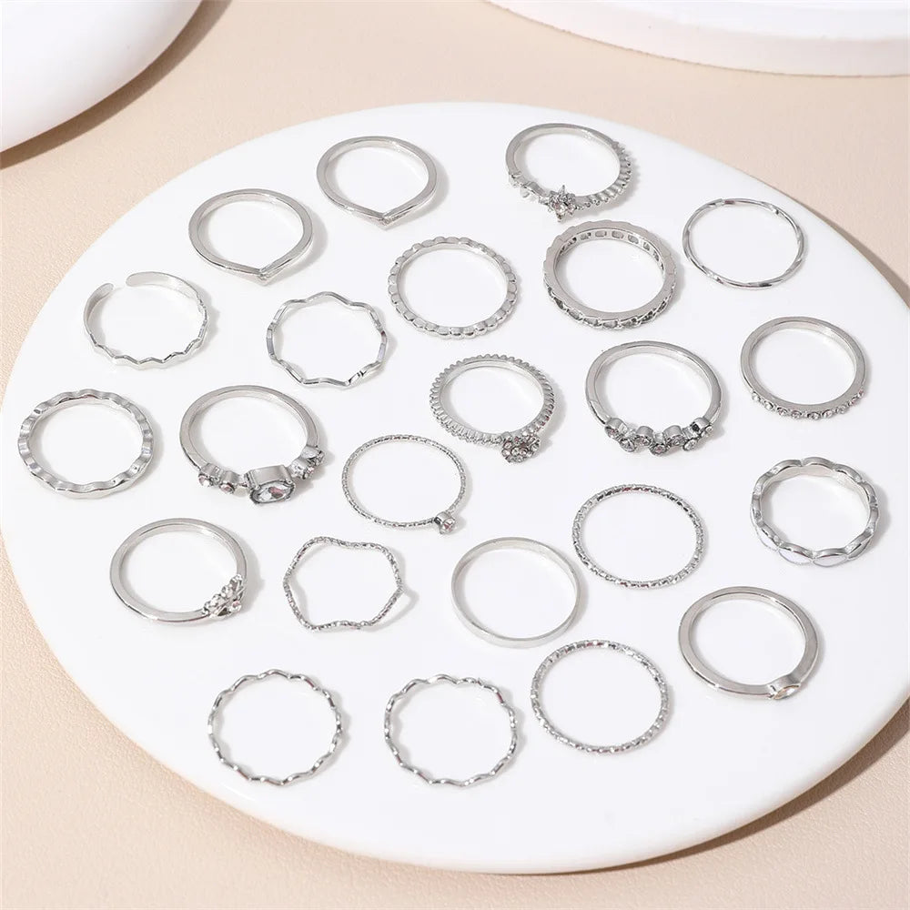 23Pcs Fashion Knuckle Rings Set For Women Crystal Star Moon Eye Wave Gold Silver Color Rings Female Trendy Party Jewelry Gift