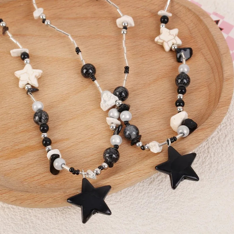 Y2K Black Star Pendant Necklace Women Sweet Cool Neck Jewelry Girls Personalized Lightweight Resin Pentagram Bead Necklace Gift