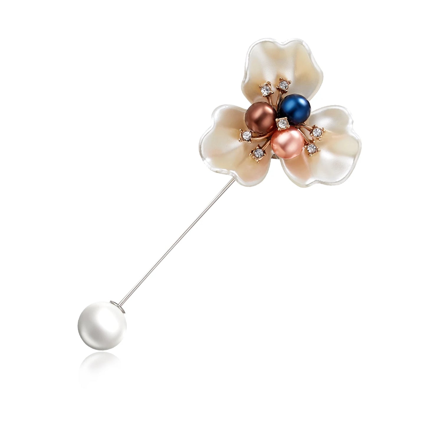 Rinhoo Imitation Pearl Shell Camellia Flower Brooch For Women White Floral Petal Bouquet Long Needle Shirt Collar Lapel Pin Gift