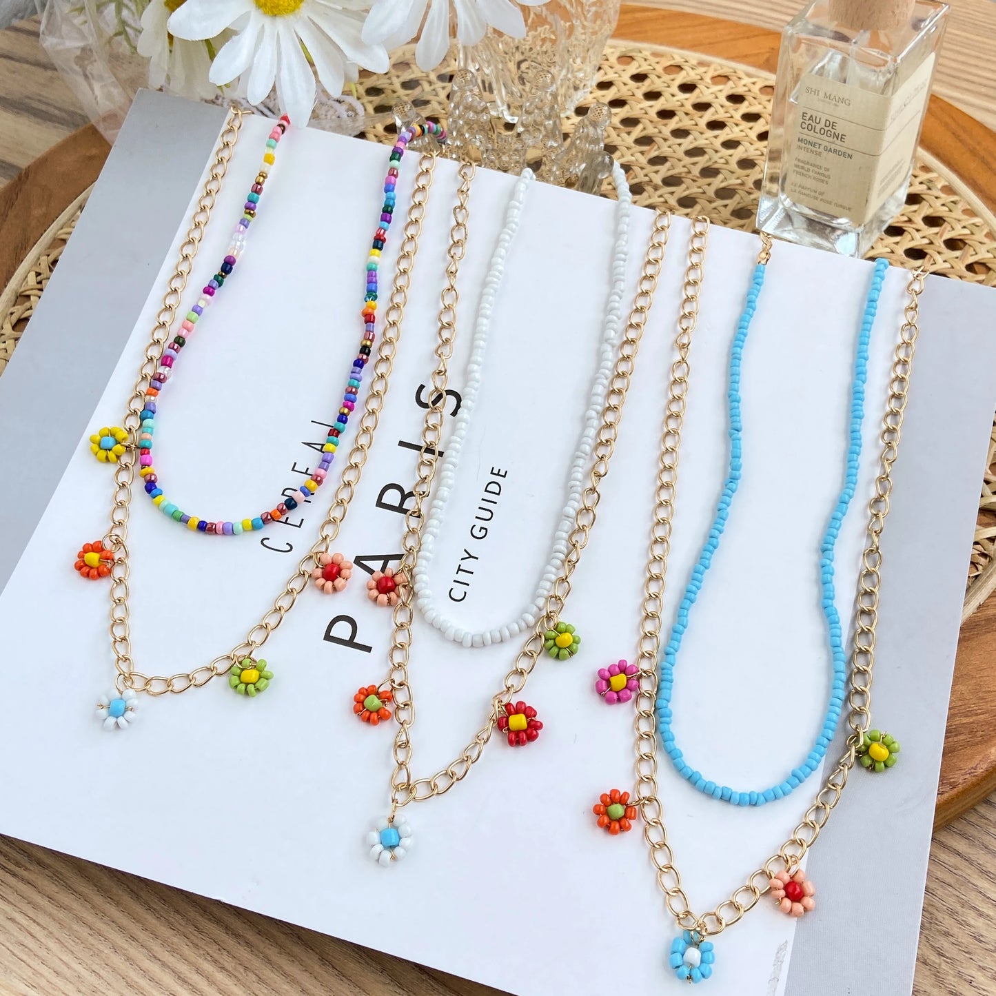 Y2K Flowers Charms Pearl Choker Necklace For Women Boho Colorful Beaded Clavicle Chain Short Necklaces Jewelry Gift 2024