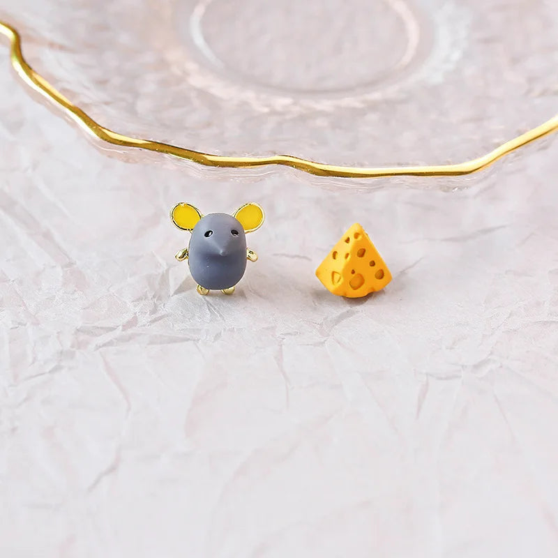 Kids Asymmetric Animal Cat Love Heart Earrings Lovely Grey Mouse&Cheese Rabbit&Flower Ear Stud Earrings Student Jewelry Gifts