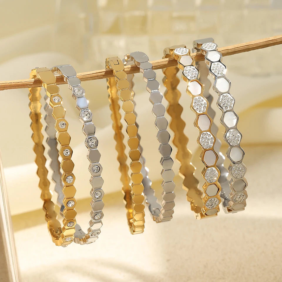 UILZ 316L Stainles Steel Open Hexagon Bracelet For Women High-quality Exquisite Zircon Inlay Simple Not Fading Bracelet Jewelry