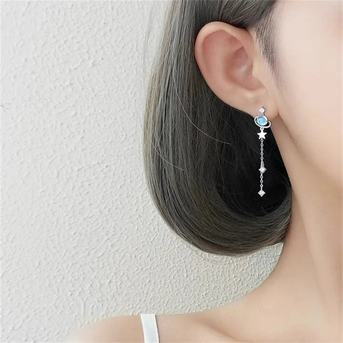 Korean Exquisite Planet Moon Butterfly Tassel Earrings for Women Sparkling Crystal Asymmetrical Drop Earrings Girl Party Jewelry