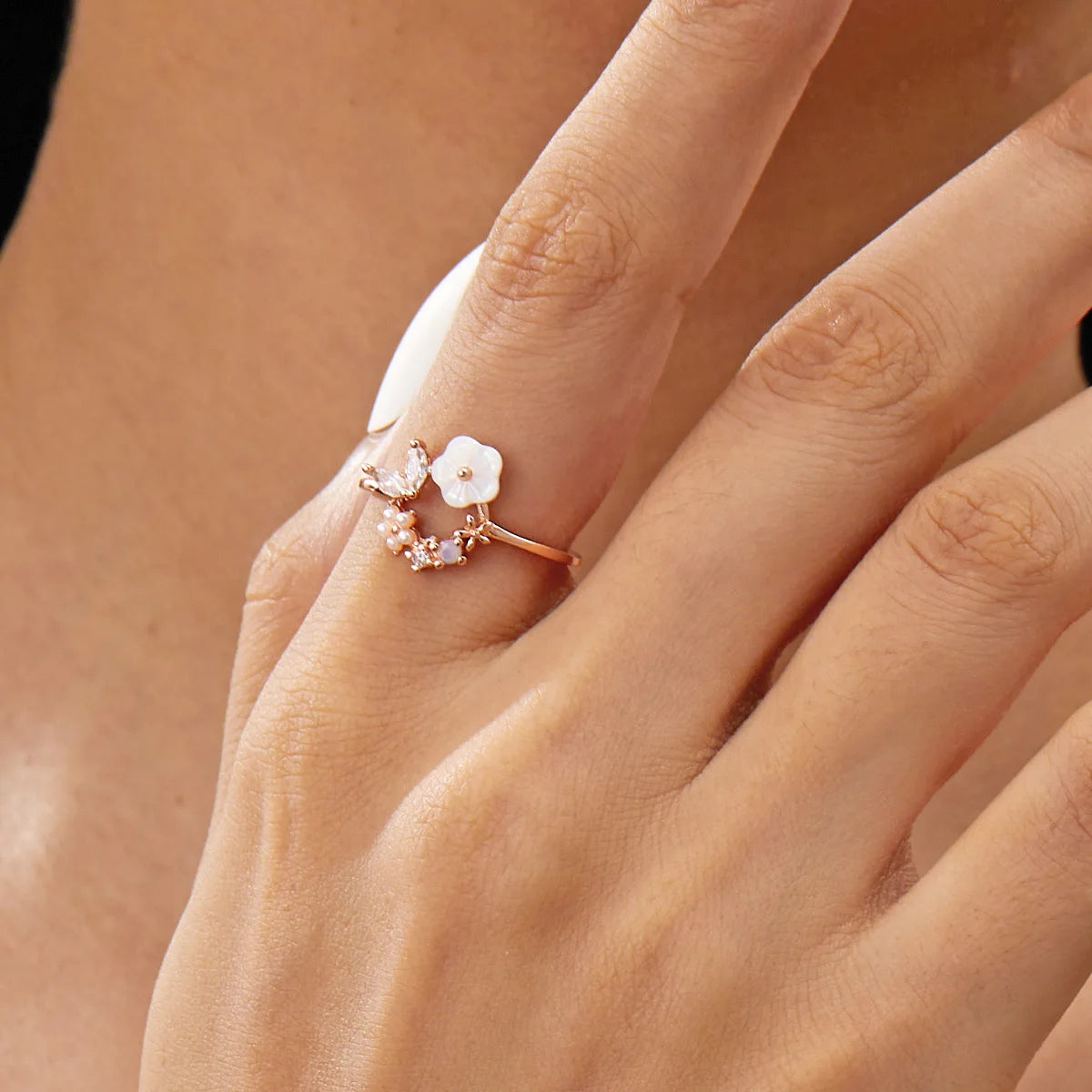 Korean CZ Sweet Crystal Zircon Heart Ring For Women Exquisite Shell Flower Opening Finger Rings Girls Princess Wedding Jewelry