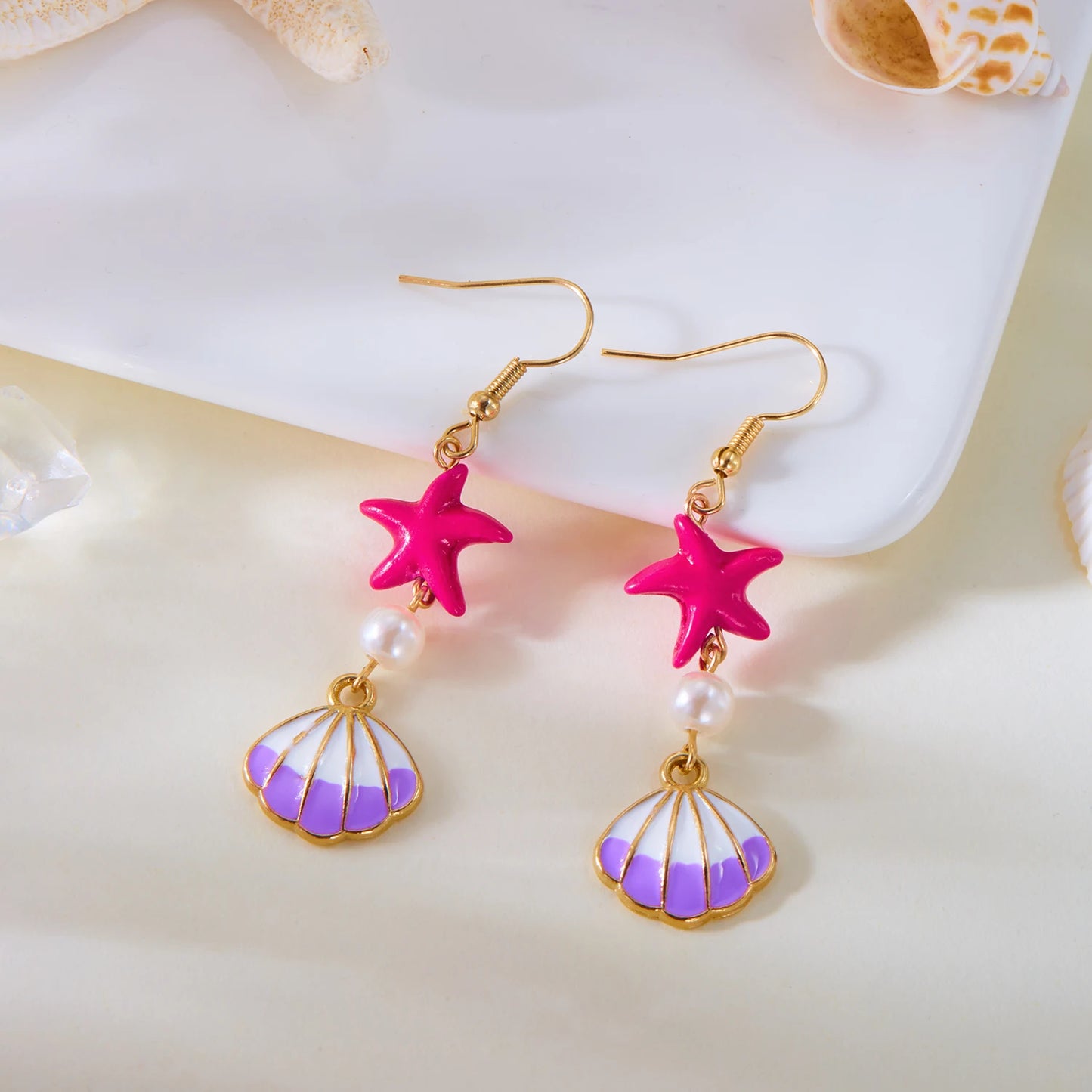 Fashion Ocean Style Shell Starfish Drop Earrings For Women Boho Retro Enamel Seashell Conch Dangle Earrings Beach Party Jewelry