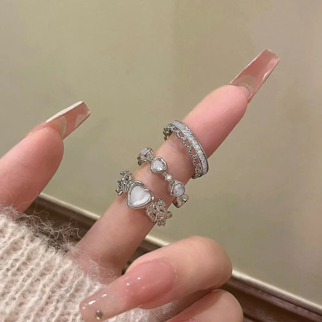 New Y2K Pink Crystal Irregular Heart Rings for Women Fashion Zircon Opening Finger Ring Sweet Girls Kpop Party Jewelry Gifts