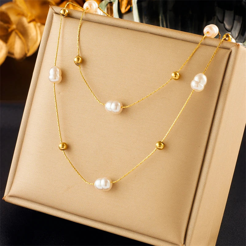 DIEYURO 316L Stainless Steel Double Layer Pearl 2in1 Chains Necklace For Women New Fashion Girls Choker Waterproof Jewelry Gifts