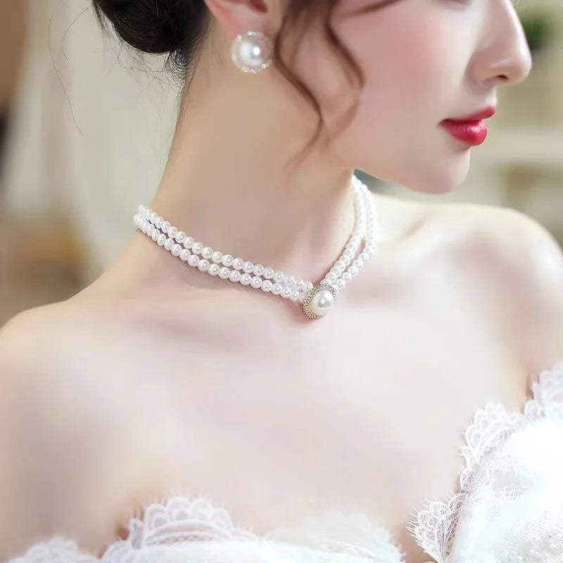 New Baroque Pearl Choker Necklace For Women Luxury Wedding Party Triple-layer Beaded Necklace Torques Ladies Trendy Jewelry Gift