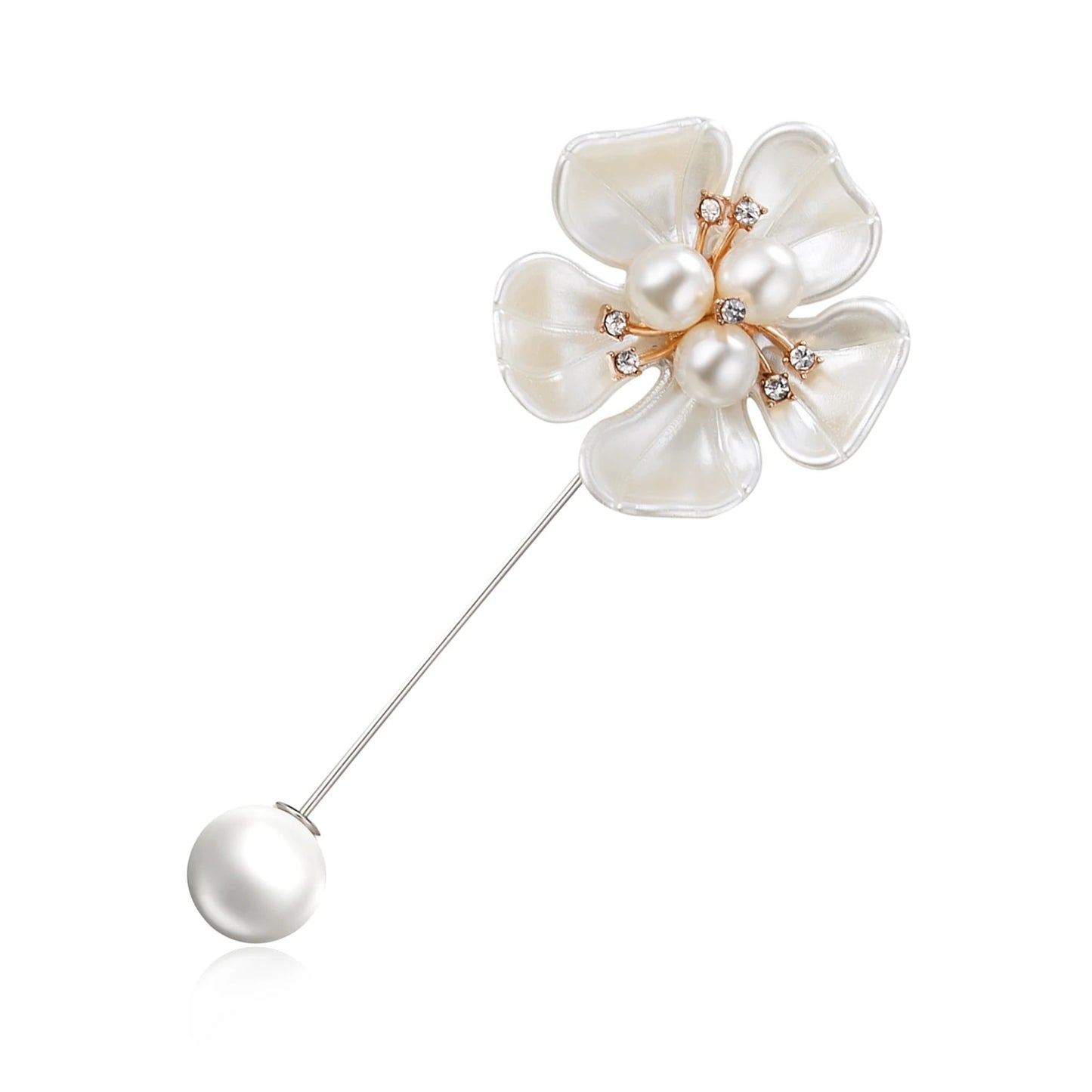 Rinhoo Imitation Pearl Shell Camellia Flower Brooch For Women White Floral Petal Bouquet Long Needle Shirt Collar Lapel Pin Gift