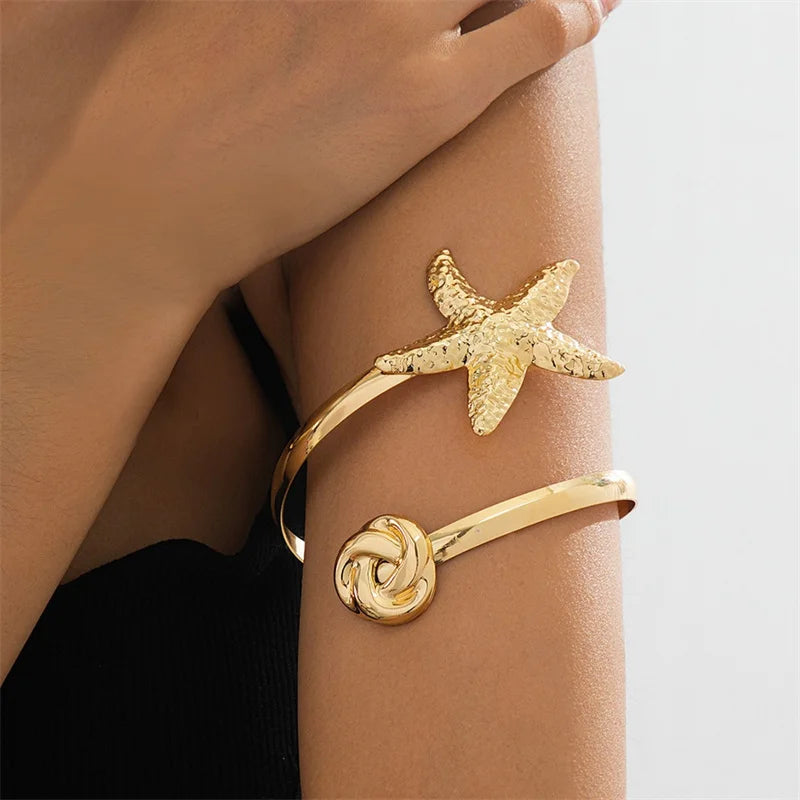 Bohemian Metal Starfish Open Arm Bracelet for Women String Leaf Wave Flower Ins Style Cuff Arm Bangle Beach Party Jewelry Gift
