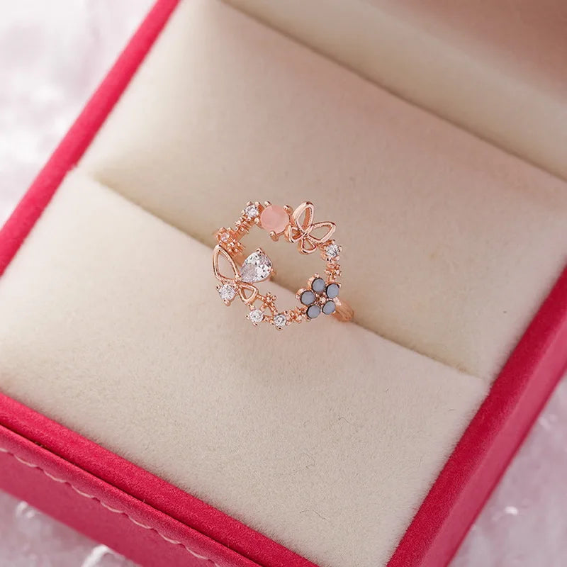 Korean CZ Sweet Crystal Zircon Heart Ring For Women Exquisite Shell Flower Opening Finger Rings Girls Princess Wedding Jewelry