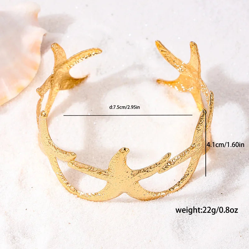Bohemian Metal Starfish Open Arm Bracelet for Women String Leaf Wave Flower Ins Style Cuff Arm Bangle Beach Party Jewelry Gift