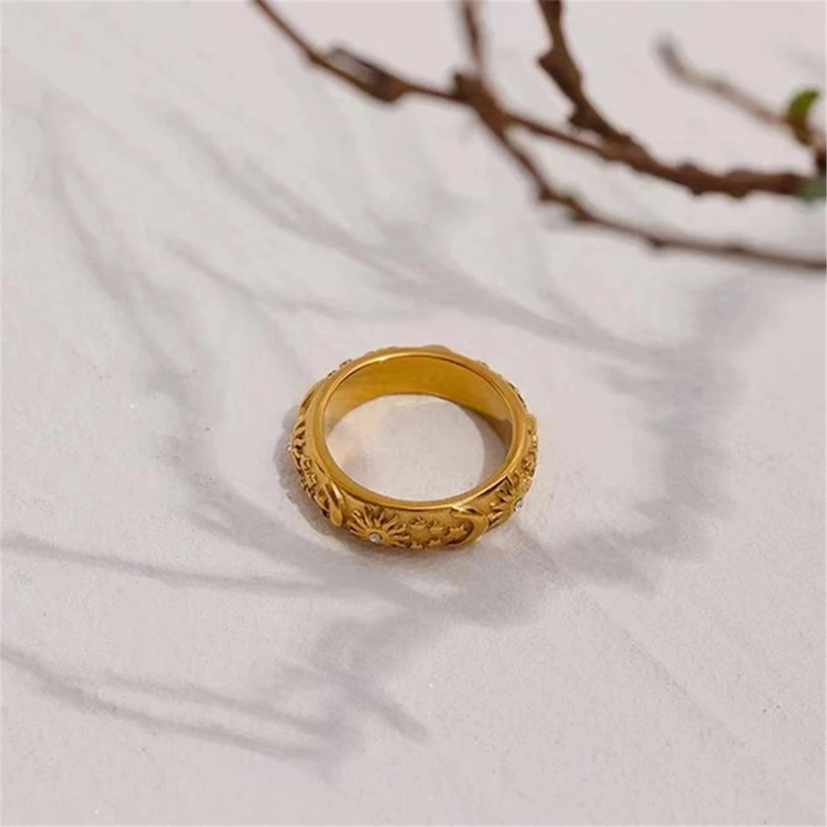 New Vintage 18K Gold Plated Stainless Steel Sun Star Moon Rings for Women Men Fashion Couple Jewelry Gift